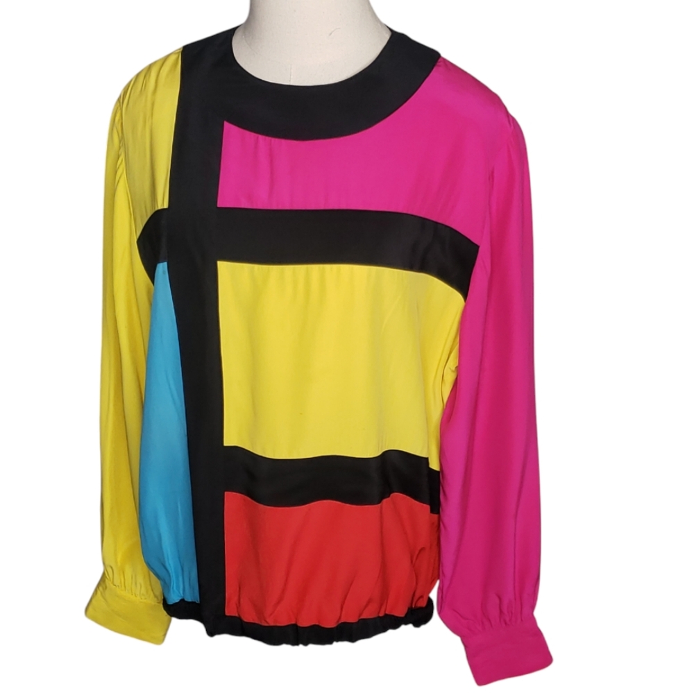 Vintage Umi Silk Blouse Colorblock Mondrian Mod Maximalist Geometric Designer L